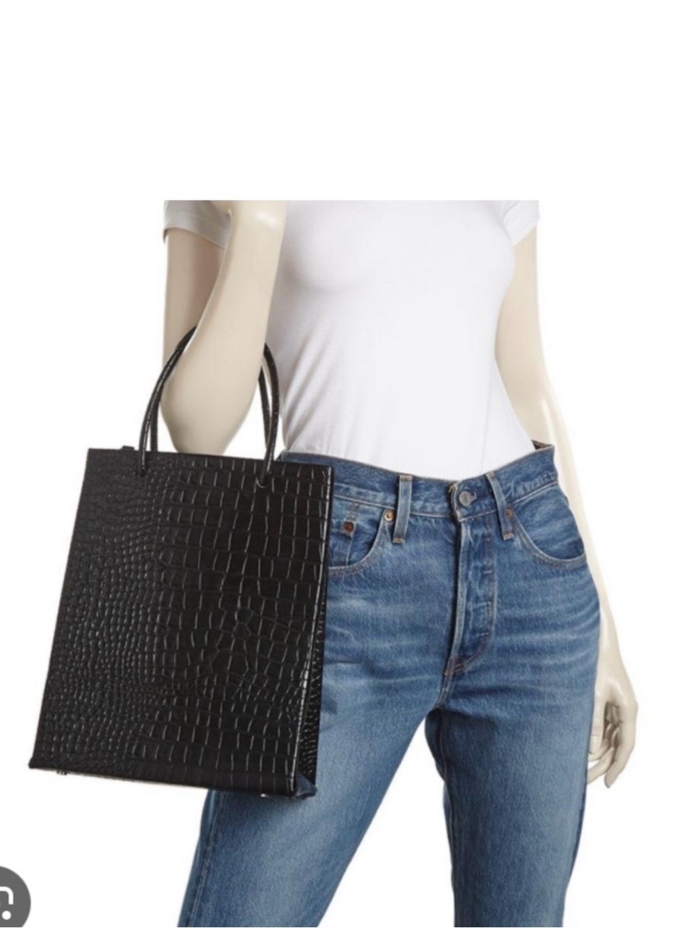 AQUA Black Croc-Embossed Tote Bag